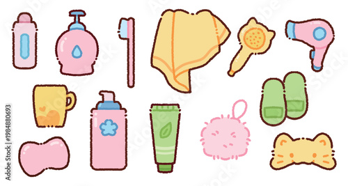 Cute Kawaii Cartoon bathroom supplies vector illustration set:Shampoo, body soap, conditioner, tooth cup, toothbrush, toothpaste, soap, bath sponge, hair drying cap, slippers, hair dryer, shower head,