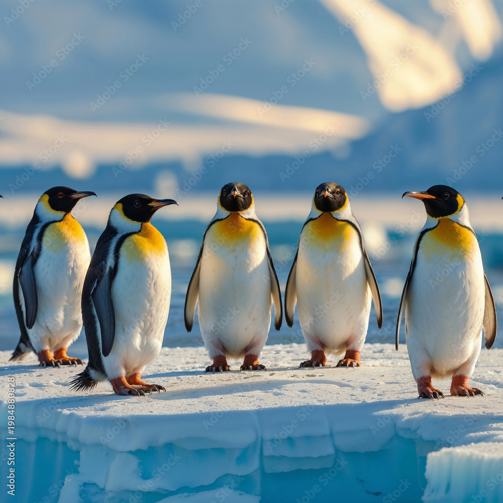 Fototapeta premium A group of seven emperor penguins stands on an ice floe in a cold, icy landscape