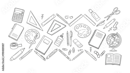School Supplies Assortment: A meticulously arranged assortment of essential school supplies, including notebooks, pencils, rulers, and a globe, ready for academic pursuits.