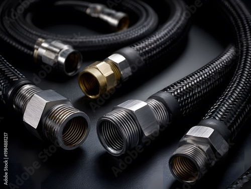 Industrial hydraulic hoses with metal connectors on dark background