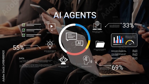 AI Agents Technology Integration in Business with Data Visualization, Graphs, and Statistics on Digital Devices in Professional Environment Gluon.