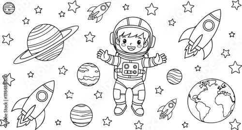 Cartoon outer space adventure coloring book illustration for kids with astronaut and galaxy elements.