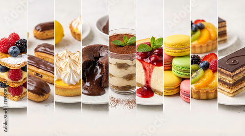 A collage of various desserts, including pastries and cakes.