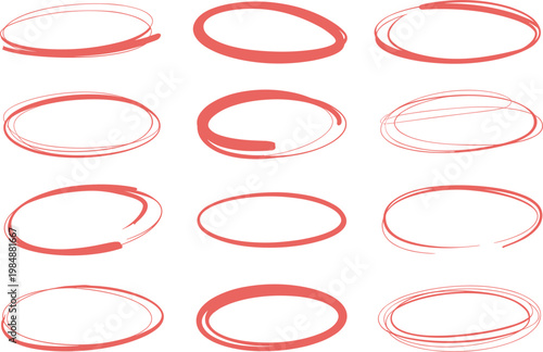 Hand drawn red circle highlight set vector illustration, marker sketch oval frames for important notes