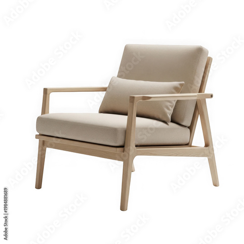 Light beige upholstered lounge chair with light wood frame on black background beige upholstery