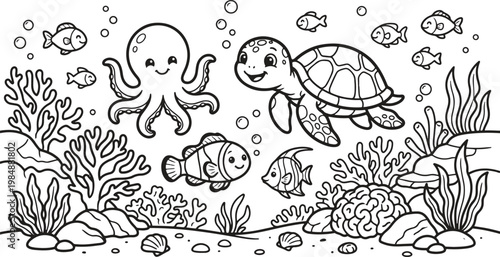 Cartoon ocean world line art illustration featuring sea creatures for children's coloring book.