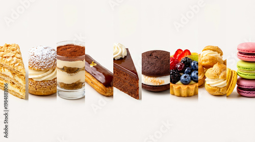 A collage of various desserts, including pastries and cakes.