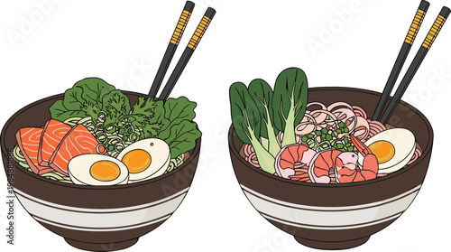 Ramen noodle bowls vector illustration with eggs meat vegetables and chopsticks Asian cuisine isolated on white background