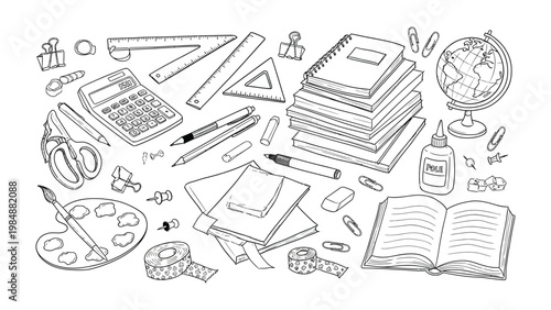 Back to School Supplies: A detailed outline of essential school and office supplies, meticulously arranged, symbolizing the core tools for learning, work, and creative expression.