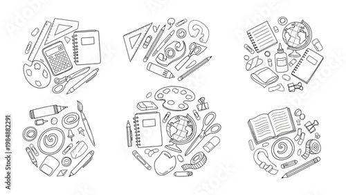 Artistic and Academic Assemblage: An organized collection of artistic and academic tools, arranged in circular patterns, offers a glimpse into creative exploration and academic pursuits.