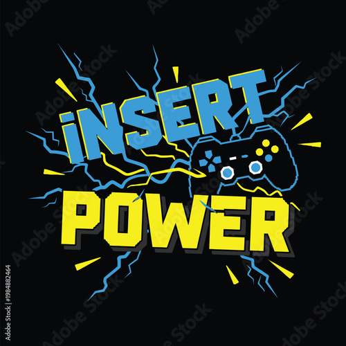 Gaming controller with insert power logo on black background design