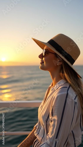Young Woman in Straw Hat and Sunglasses Smiling on a Cruise Ship Balcony over the Ocean at Sunset Golden Hour