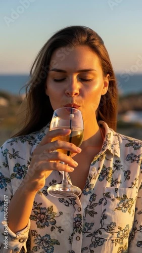 Beautiful Young Woman Smiling and Holding Glass of Drink During Golden Hour Sunset at Coastal Resort