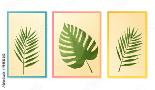 Tropical leaves vector illustration set with framed botanical elements