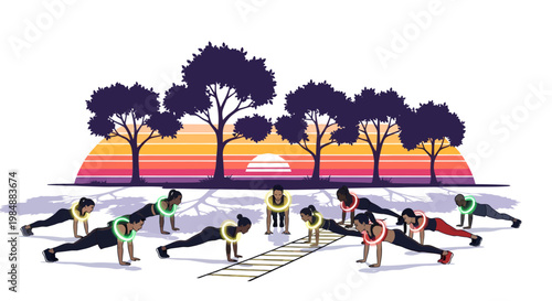Group of people doing yoga outdoors at sunset