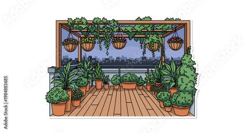 colorful potted plants on a wooden balcony with city view