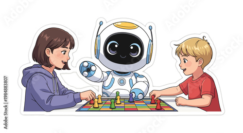 Kids playing board game with robot