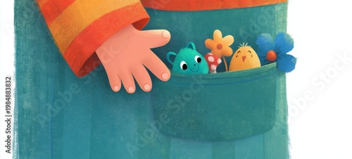 Whimsical Children's Book Illustration: Animated Character Stowing Toys in a Pocket