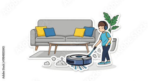 Boy trying to clean messy floor with robotic vacuum