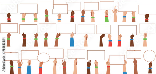 Vector illustration of diverse hands holding blank signs and placards for protest, activism, and customizable message design
