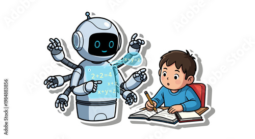 Robot teaching a young boy, learning and education concept