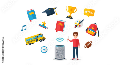 Kid interacting with smart speaker, learning and school icons floating around