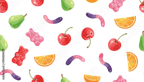 Vector illustration of seamless fruit and candy pattern with cherries, pears, gummy bears, and gummy worms