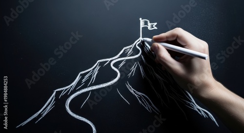 Drawing a mountain peak a hand creates a chalk outline of a mountain with a flag on top