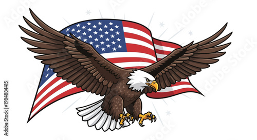 Cartoon illustration of a bald eagle flying with the American flag, a wild bird symbol featuring majestic wings and a sharp beak as a patriotic USA wildlife predator icon or tattoo design vector