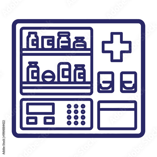 Pharmacy cabinet with medical supplies and cross symbol