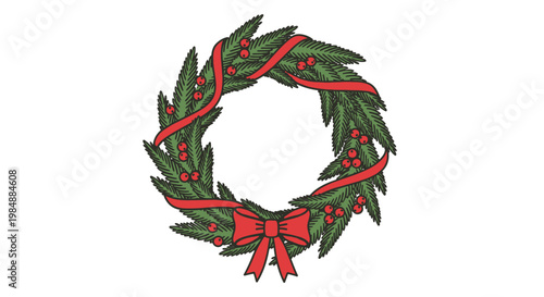 A festive Christmas wreath illustration featuring a lush green fir branch garland decorated with a red ribbon bow, winter holly berries, and pine ornaments for a holiday celebration