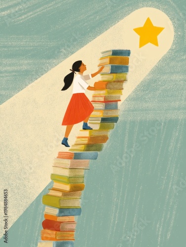 Girl Climbing Tower of Books, Reaching for Star, Illustration, Literacy, Education, Diversity, Reading, Success, Dreams