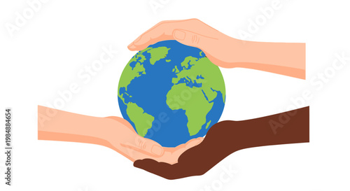 A hand holding a blue globe sphere represents a global business concept for environmental protection and eco care to save the green planet and nature for international peace