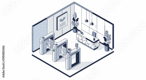 Modern Isometric Office Lobby Illustration with Security Turnstiles, Reception Desk, and Access Control Systems for Corporate Building Entrance