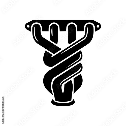 Black Silhouette Twisted Equal Length 4-Cylinder Exhaust Header Vector Icon 