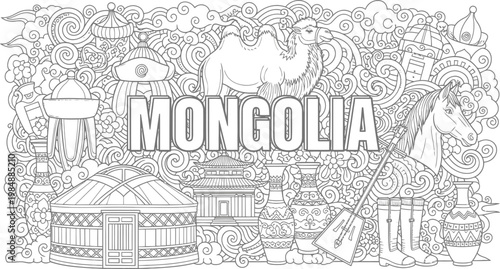 Hand Drawn Mongolia Travel Landmarks and Cultural Symbols Vector Coloring Page Design