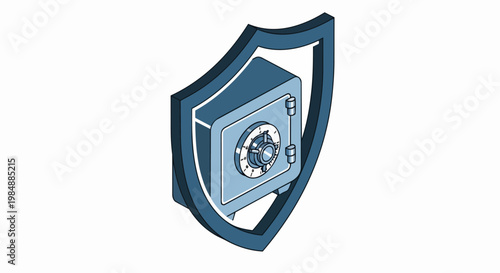 Isometric Security Shield with Bank Safe Box Icon for Financial Protection and Data Privacy Concept