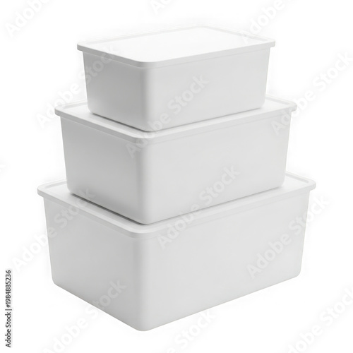 Three white stackable plastic storage bins with open lids on black background white plastic storage bins
