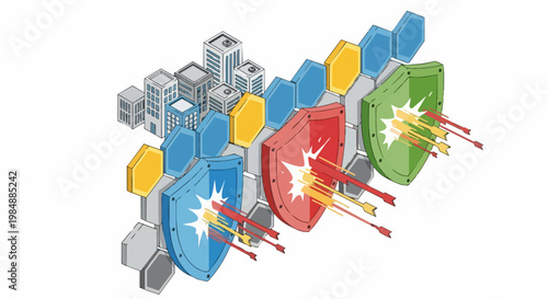 Isometric Cybersecurity Concept: Multi-Layered Shields Protecting a Modern City Infrastructure from Digital Attacks and Data Breaches