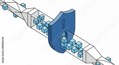 Isometric Cybersecurity Illustration of a Firewall Shield Protecting Digital Data Packets in a Network Pipeline for Information Privacy and Security