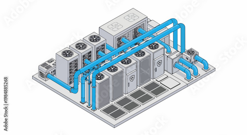 Isometric Illustration of Industrial Cooling System and Data Center Infrastructure with Blue Piping for HVAC and Server Temperature Control
