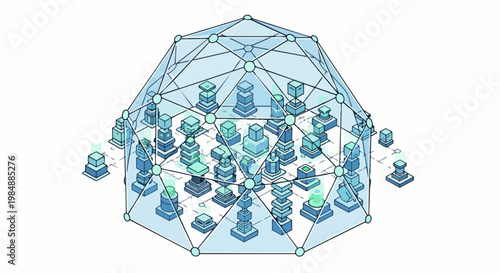 Futuristic Smart City Under Geodesic Dome - Isometric Data Security and Technology Infrastructure Illustration
