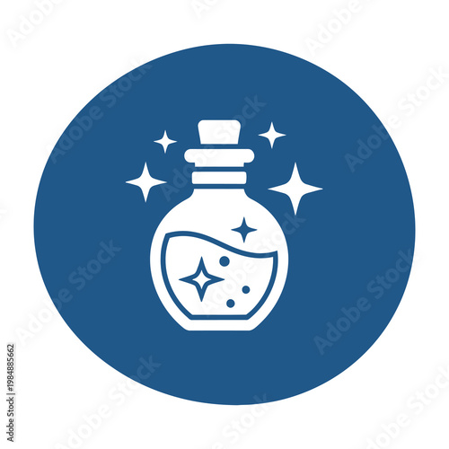 Magic potion bottle with sparkling stars on blue background