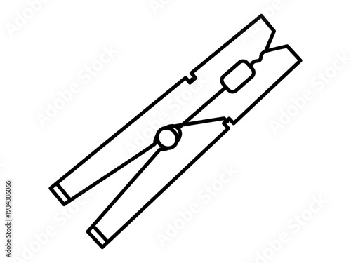 Hand drawn cute outline illustration of laundry clothespin. Flat vector household hanger clamp tool line art doodle. Clip for washed clothes icon. Washing routine. Hygiene cleaning. Isolated.