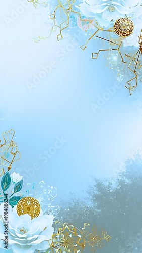 Elegant gold and white wedding invitation with floral lace design and soft blue watercolor background