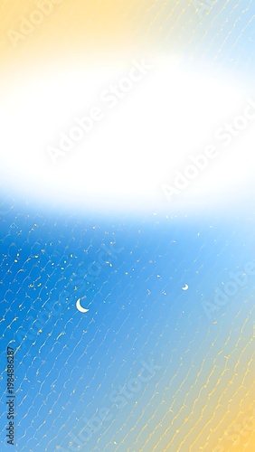 Crescent moon over soft golden sand and turquoise ocean at dusk