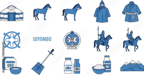Mongolian Culture and Heritage Vector Icon Set with Traditional Symbols and Nomadic Life Elements