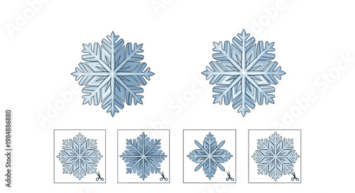 Educational winter activity sheet teaching children how to identify and cut out various snowflake shapes for seasonal crafts and decor.