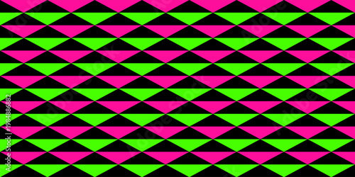 Classic Neon Colors Geometric Triangles Seamless Pattern. Fluorescent Lime Green, Hot Pink with Black. Glow in the Dark Background. Trendy 80s, 90s Style Revival. Vector Pattern Tile Swatch Included.