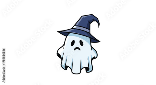 Adorable little ghost character wearing a dark blue wizard hat with a sad expression for cute Halloween themed graphic illustrations.